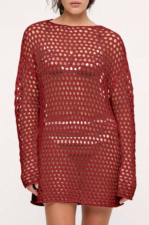 Crochet Knit Tunic Dress - Deep Red