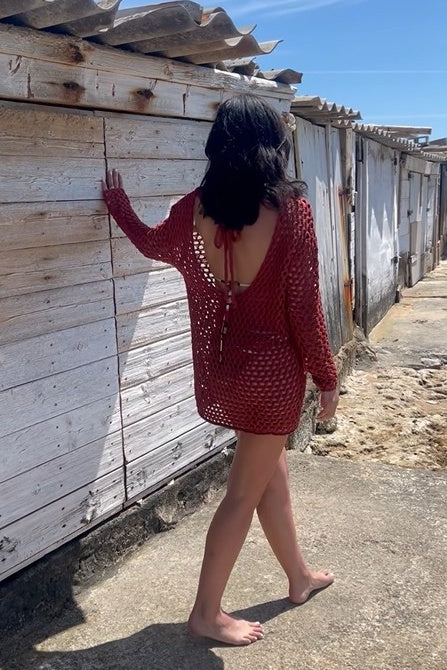 Crochet Knit Tunic Dress - Deep Red