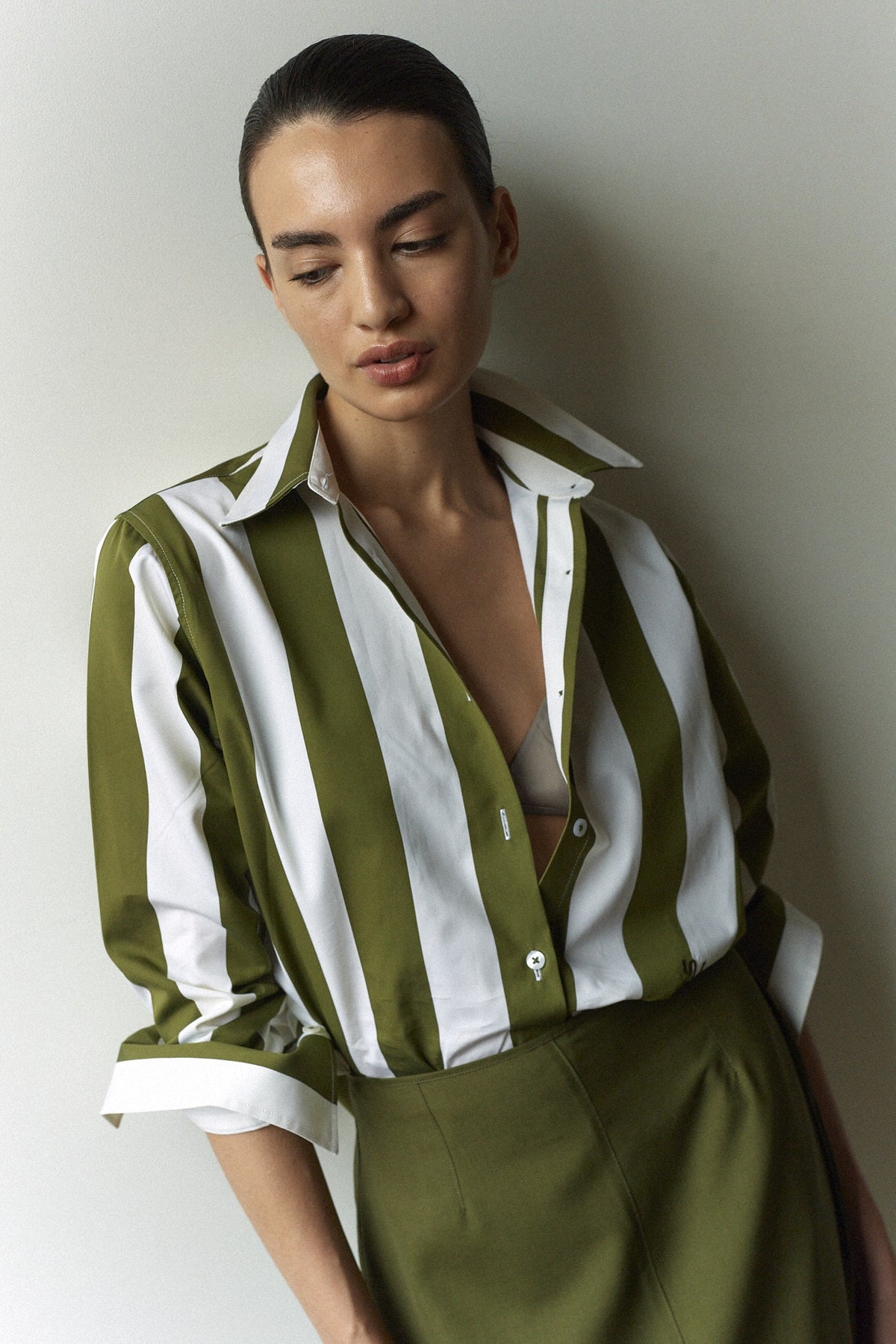 PUGLIA Shirt | Wide Bespoke Olive Green Striped Shirt
