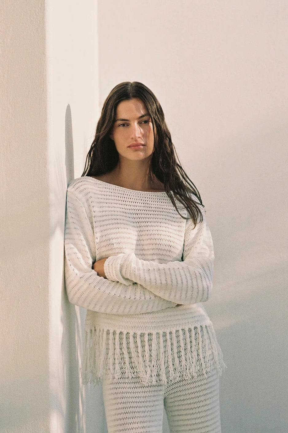 Crochet Tassel Knit Top - White