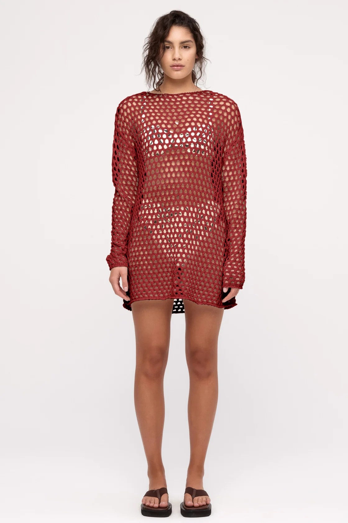 Crochet Knit Tunic Dress - Deep Red